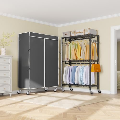 VIPEK R2C Medium Rolling Garment Rack with Cover Heavy Duty Clothes Rack Adjustable Clothing Rack for Hanging Clothes Portable Closets with Double
