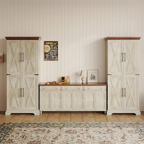 IRONCK Kitchen Pantry Cabinet 72" H, with 9 Shelves, 4 Barn Doors, Drawer, 6 Door Storage Shelves