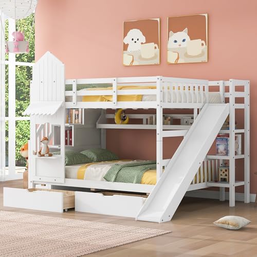 Merax Full Over Full Bunk Bed with 2 Drawers and 3 Shelves