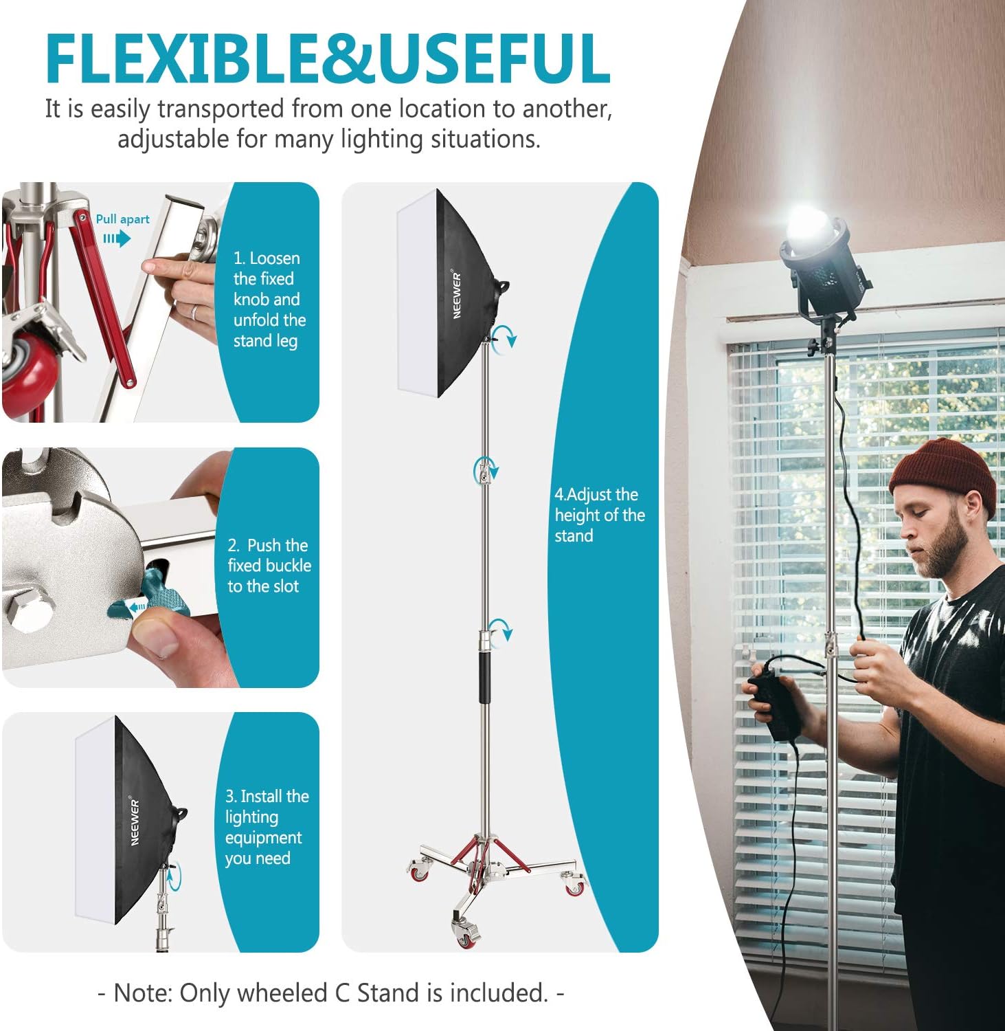 Neewer Heavy Duty Light Stand with Casters, Adjustable Tripod Stand with 100% Stainless Steel, Photography Wheeled Base Stand for Studio Softbox