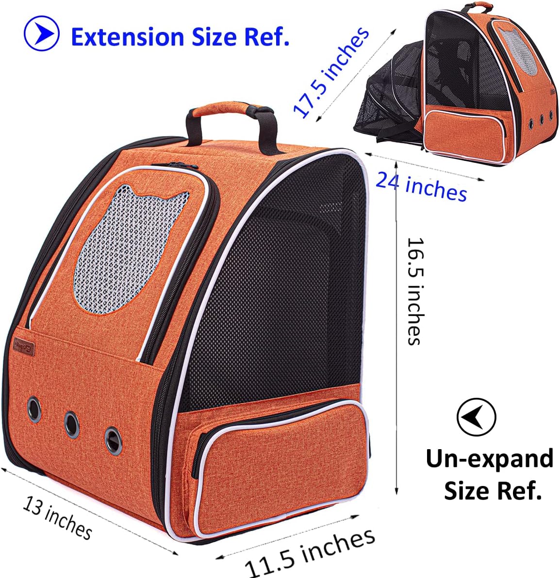Expandable Cat Backpack Carrier, Backpack for Cat and Small Dog, Breathable Kitten Travel Hiking Backpack, Airline Approved (Orange, Back Extension)