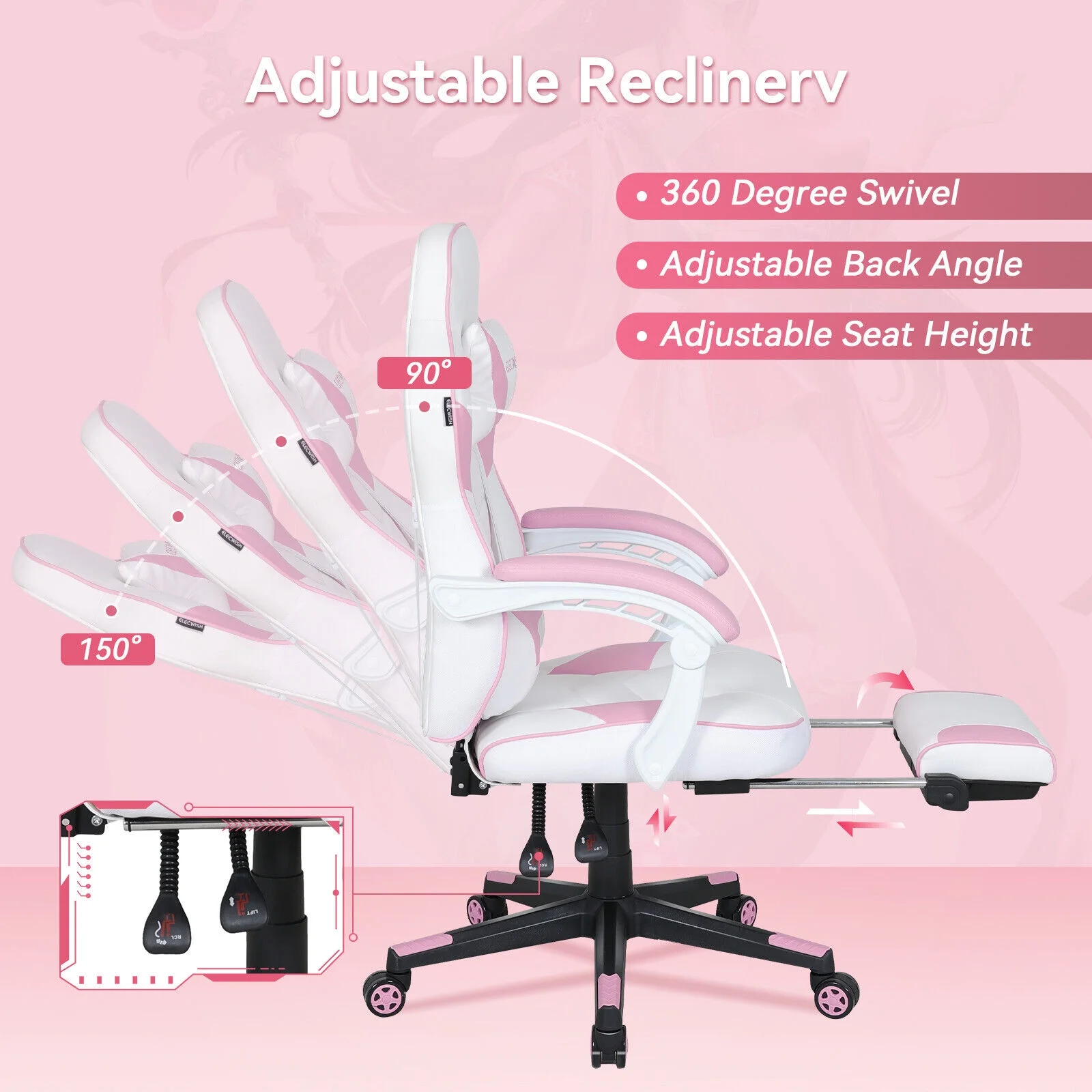 ELECWISH Gaming Chair Adjustable & Lumbar Support Swivel Office Chair, Pink