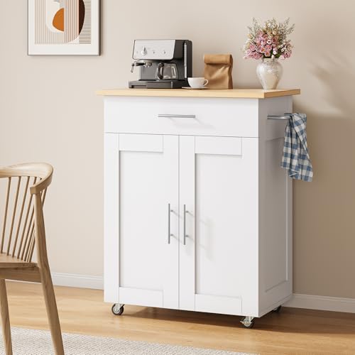 Kitchen Island with Storage, 31.5" D Rolling Kitchen Island Cart on Wheels with Widen Drop Leaf Rubberwood Top