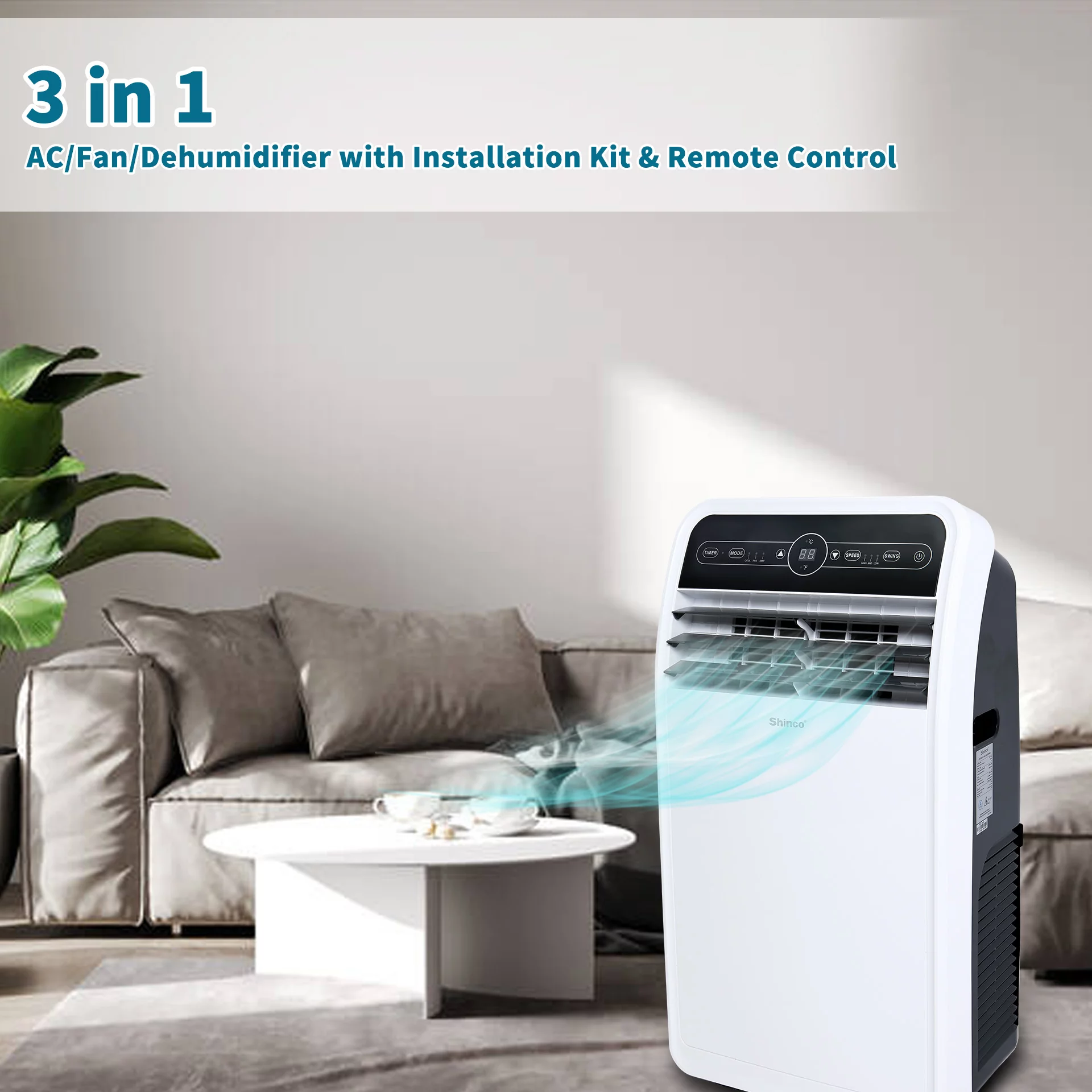 Shinco 4350BTU SACC(8000BTU ASHRAE) 3 in 1 Portable Air Conditioner, Air Cooler with Remote Control / Window Kit