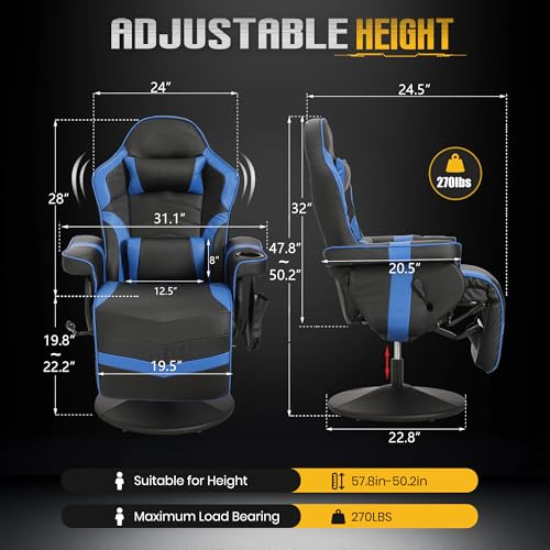 Massage Gaming Recliner Chair with Cup Holder & Side Pockets – Ergonomic PU Leather Video Gaming Chair with Footrest, Manual Recline