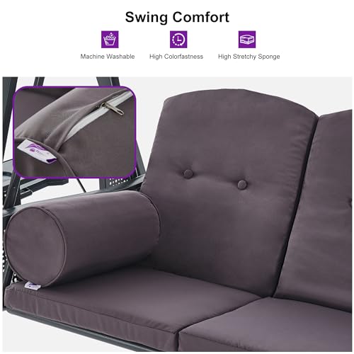 PURPLE LEAF Outdoor Patio Porch Swing with Adjustable PVC Canopy, 3-seat Swing Chair Bench with Side Cup Holder for Backyard Front Porch Lawn