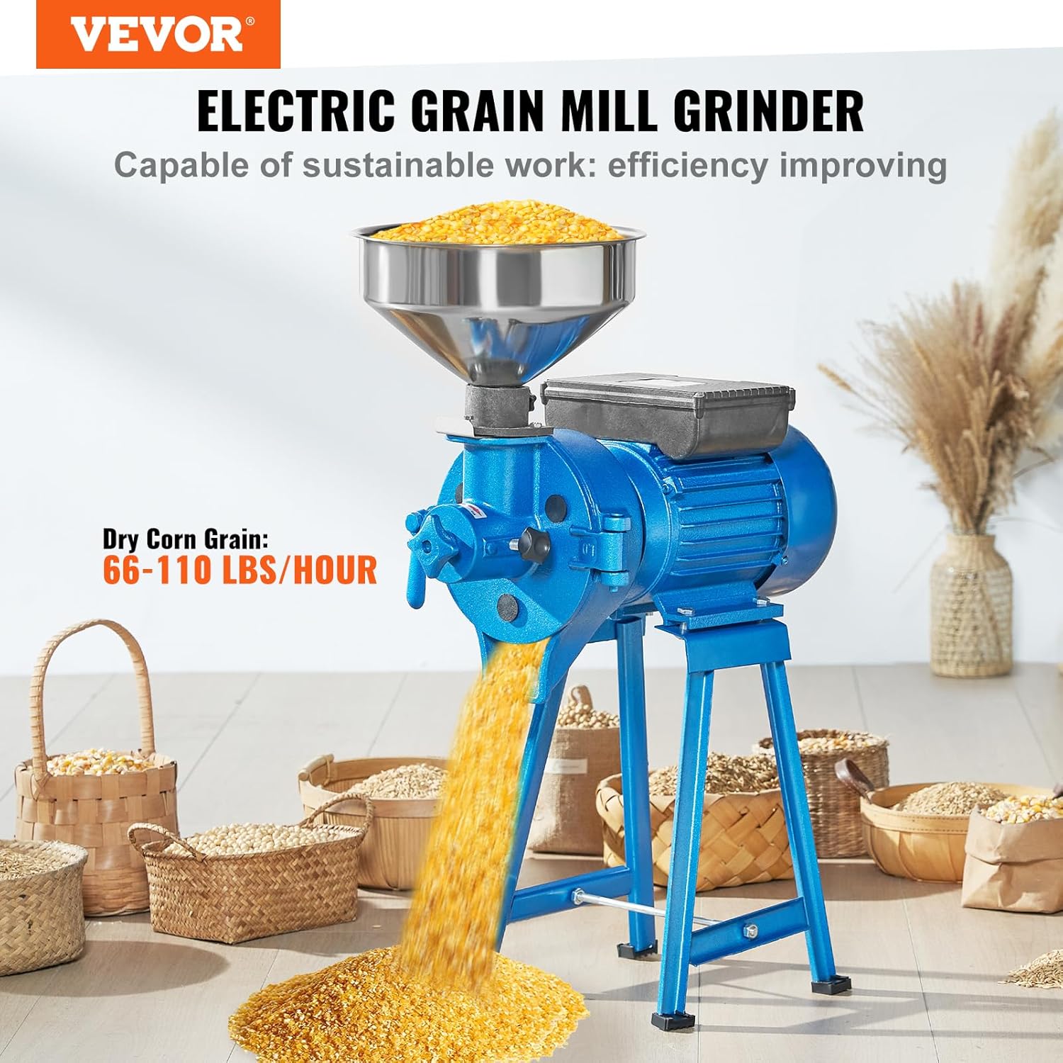 VEVOR Electric Grain Mill Grinder, 1500W 110V Spice Grinders, Commercial Corn Mill with Funnel, Thickness Adjustable Powder Machine