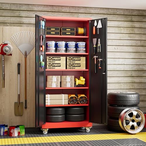 71" Metal Storage Cabinet with Wheels and Pegboard, Lockable Rolling Steel Storage Cabinet with 5 Adjustable Shelves and Door for Garage, Office