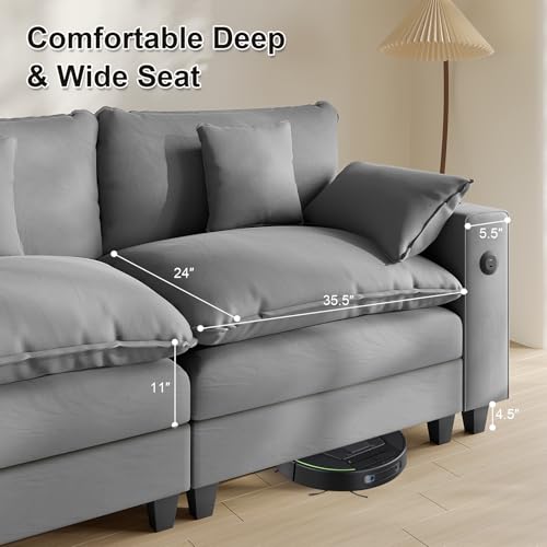 Modular Sectional Sofa, Cloud Couch with Ottoman, Charging Station, Throw Pillows, Cup Holders, Modern Convertible U Shaped Couches for Living Room