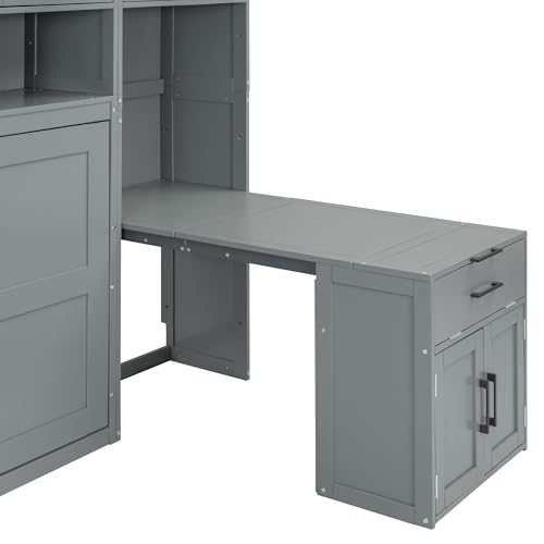 Twin Murphy Bed with Storage Cabinet, Bookcase, Storage Drawers and Desk, Wooden Wall Bed Frame Folding Bed Frame for Guestroom, Office, Apartment