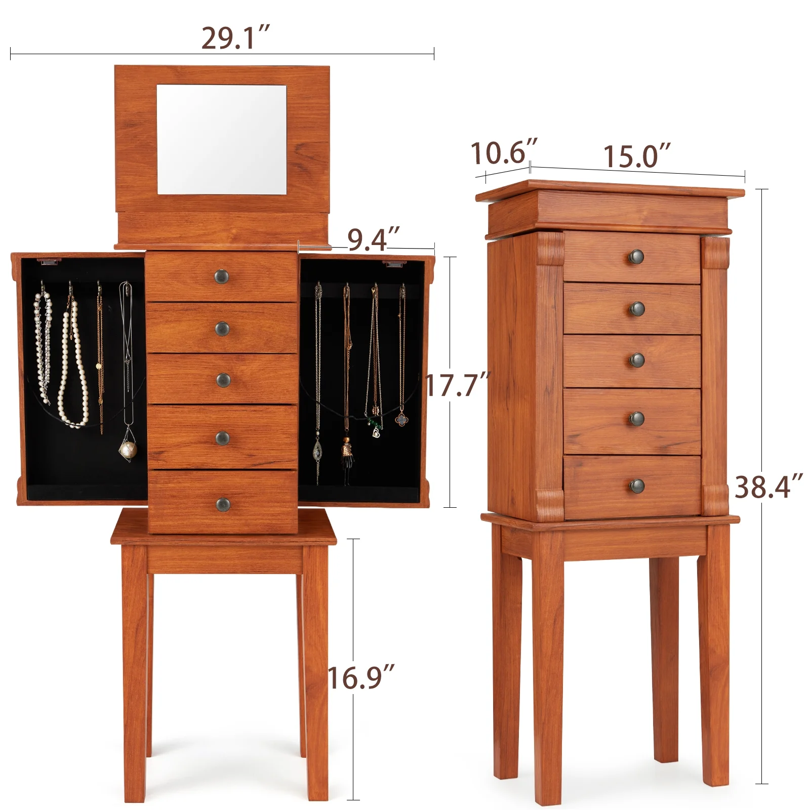 AVAWING Jewelry Cabinet Armoire & Storage Organizer 5 Drawers & 8 Necklace Hooks, Cerise