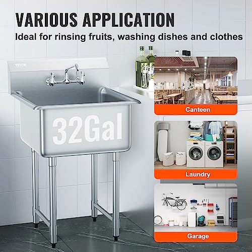 VEVOR Stainless Steel Prep & Utility Sink, 1 Compartment Free Standing Small Sink Include Faucet & legs