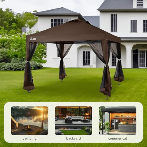 CROWN SHADES Gazebo 10x10 Pop Up Canopy with Mosquito Netting, Screen Tent with 4 Ropes, 8 Stakes, 4 Sandbags and Wheeled Storage Bag