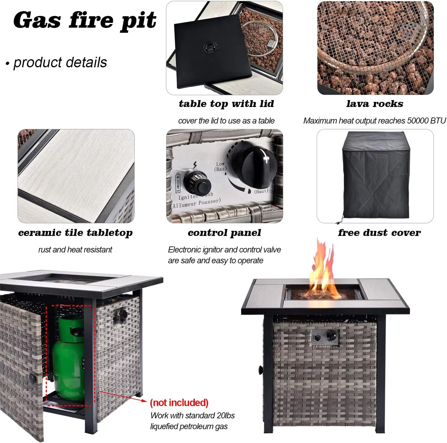 Ovios 6 Pieces Fire Pit Table Set Outdoor Patio Furniture with 30" Gas Fire Pit Table Gray Conversation Set with Swivel Rocking Chair