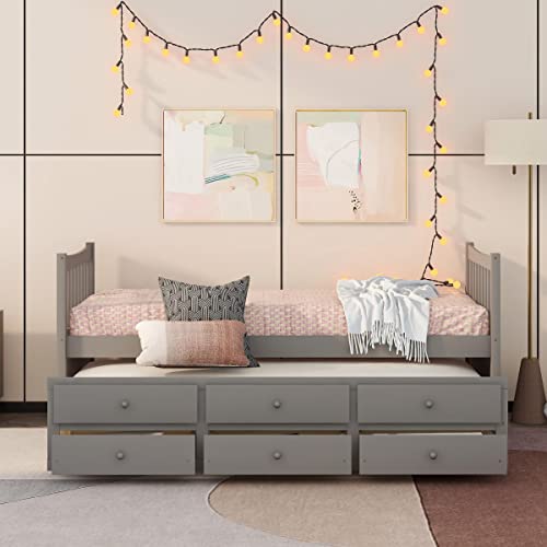Full Size Storage Bed with Bookcase Headboard and Trundle, Wood Platform Bed Frame with Charging Station