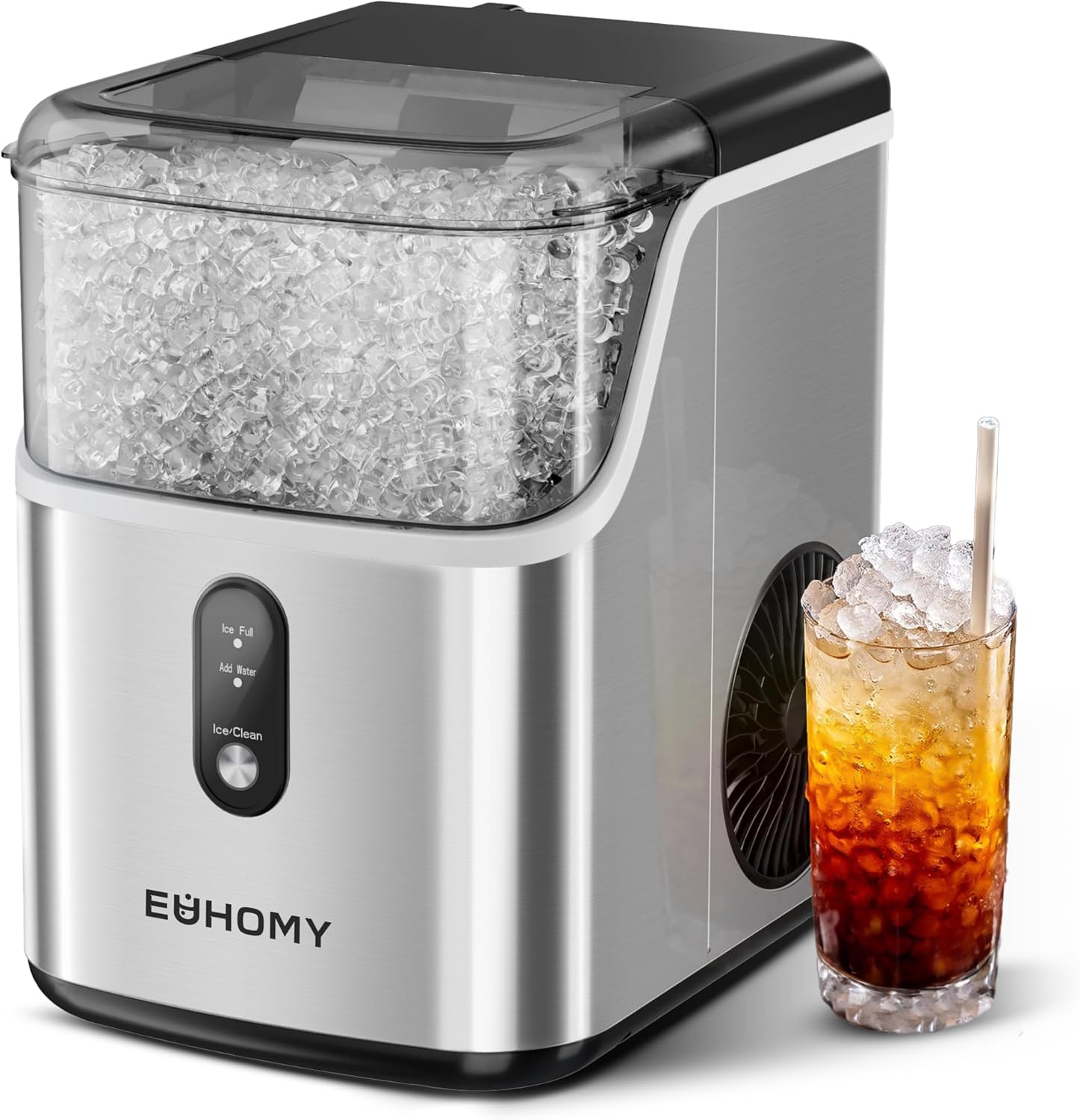 EUHOMY Nugget Ice Makers Countertop, Pebble Ice Maker Machine with 34lbs/24H Soft Ice, Self-Cleaning Sonic Ice Maker with Ice Scoop&Basket