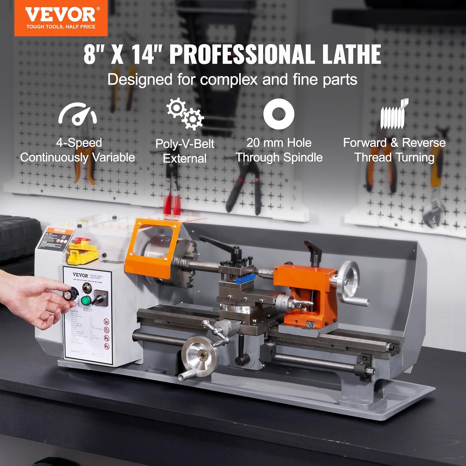 VEVOR Metal Lathe Machine, 7.87'' x 13.78'', Precision Benchtop Power Metal Lathe, 50-2500 RPM Continuously Variable Speed