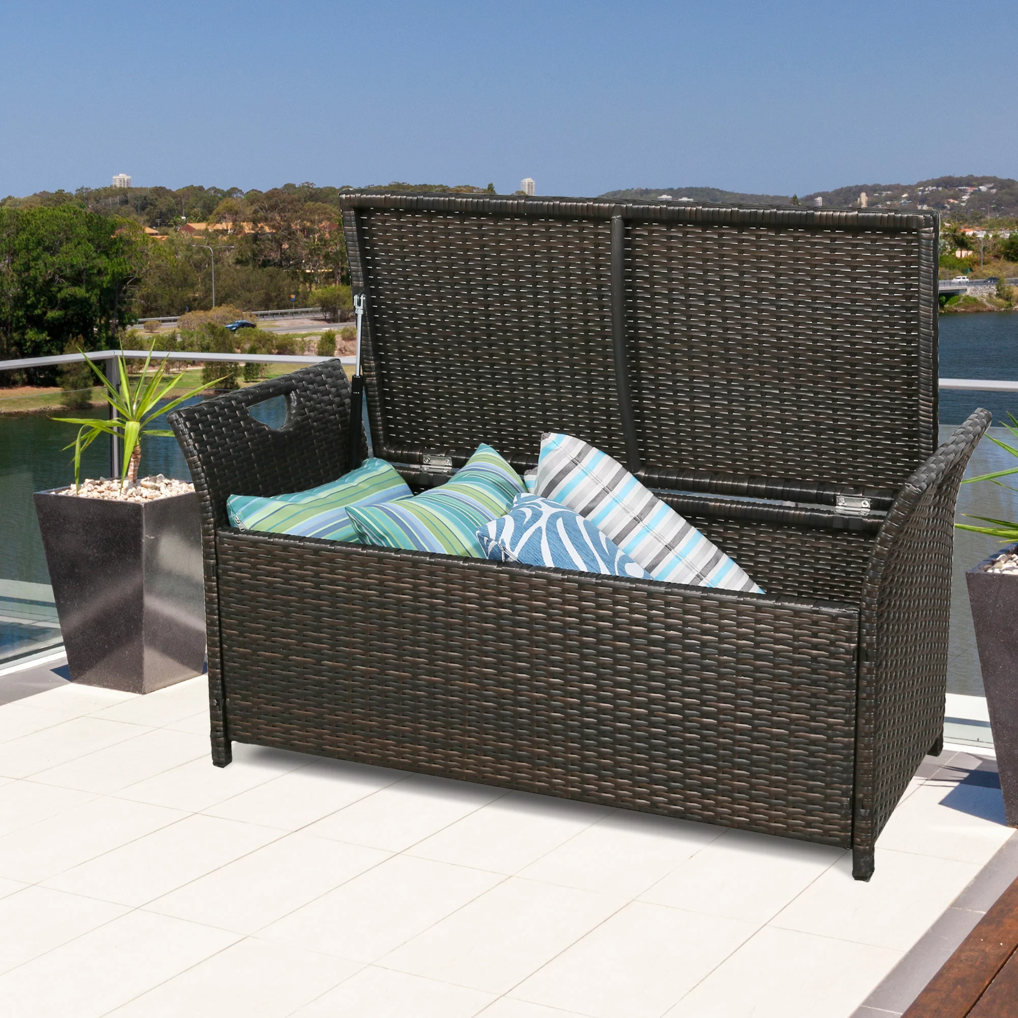 Ulax Furniture 27.6 Gallon Patio Wicker Storage Box, Outdoor Rattan Storage Bench Deck Bin with Cushion and Hydraulic Hinge Lid (Rust Red)