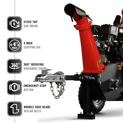 4'' Inch 212CC 7HP Gas Powered Wood Chipper Leaf Branch Shredder Mulcher with Towbar, Emergency Stop Button, Model GS650