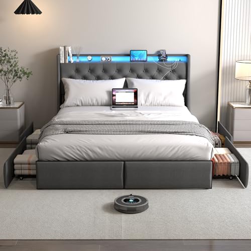 Queen Bed Frame with 2 Storage Drawers, Platform Bed Frame Queen Size with LED Light, Upholstered Headboard, Charging Station, Steel Slat Support