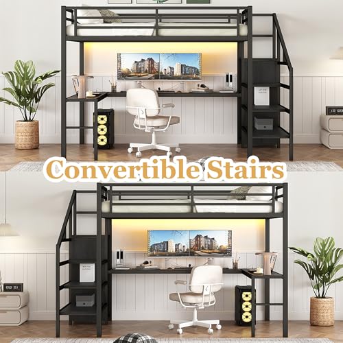 Bellemave Full Size Metal Loft Bed with L Shaped Desk and Wardrobe, Heavy Duty Loft Bed Frame with Storage Stairs