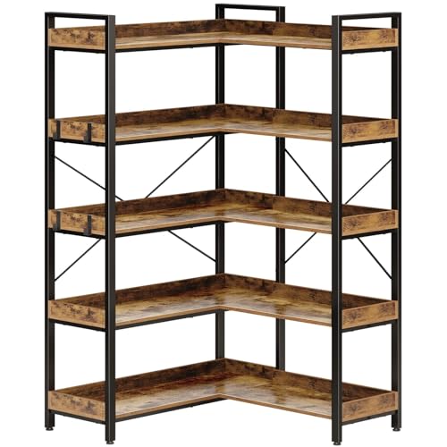 Rolanstar Bookshelf 5 Tier with 4 Hooks, Reversible Corner Bookshelf