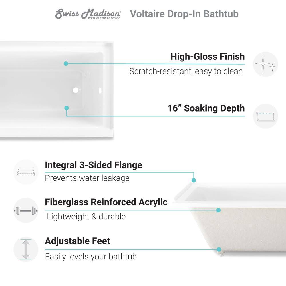 Swiss Madison SM-DB559 Voltaire 60x22 x 30x22 Drop in Soaking Bathtub Drain Location: Left