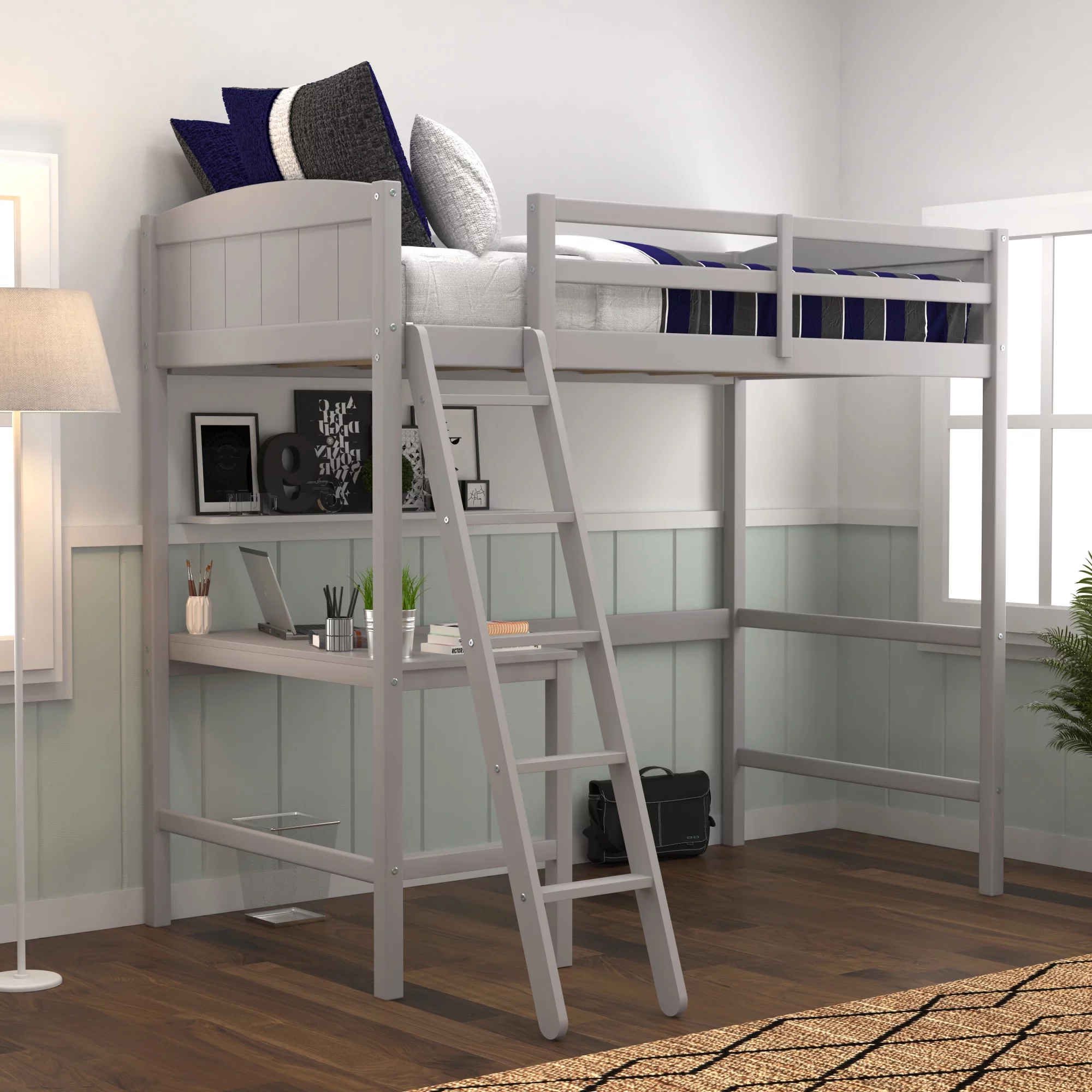 Living Essentials by Hillsdale Alexis Wood Arch Twin Loft Bed with Desk, Gray