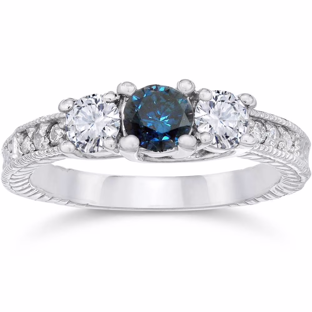Pompeii3 1ct Vintage Blue Diamond 3-Stone Engagement Ring 14K White Gold