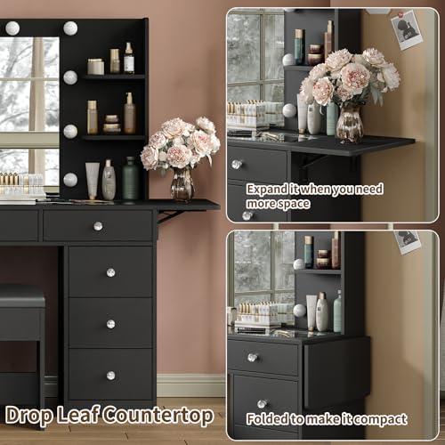 Vanity Desk & Power Outlet, Makeup Vanity with Mirror and 10 LED Lights, 3 Lighting Modes Brightness Adjustable