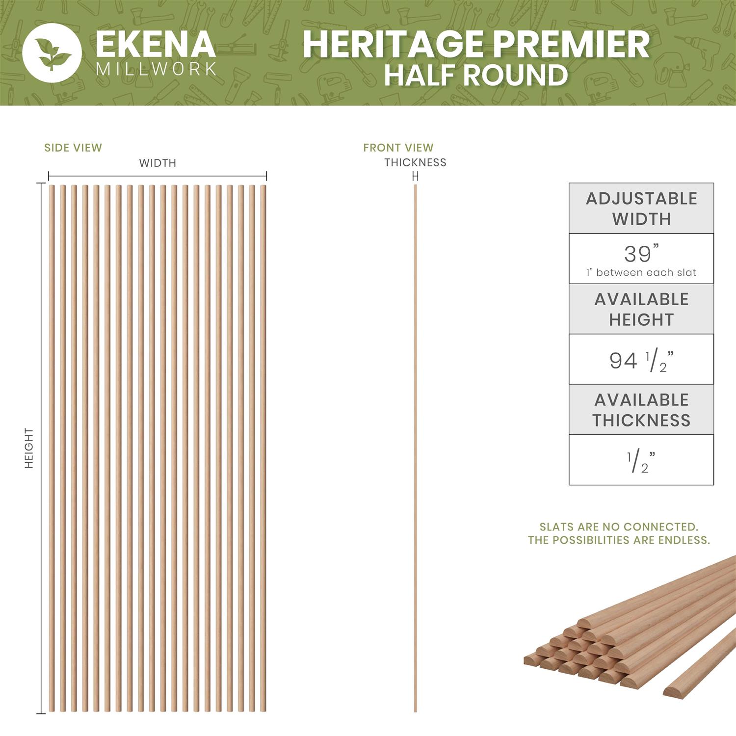 Ekena Millwork Heritage Premier Half Round Stain Grade Solid Hardwood Adjustable Slat Wall Kit w/ 1W x 94 1/2H Slats