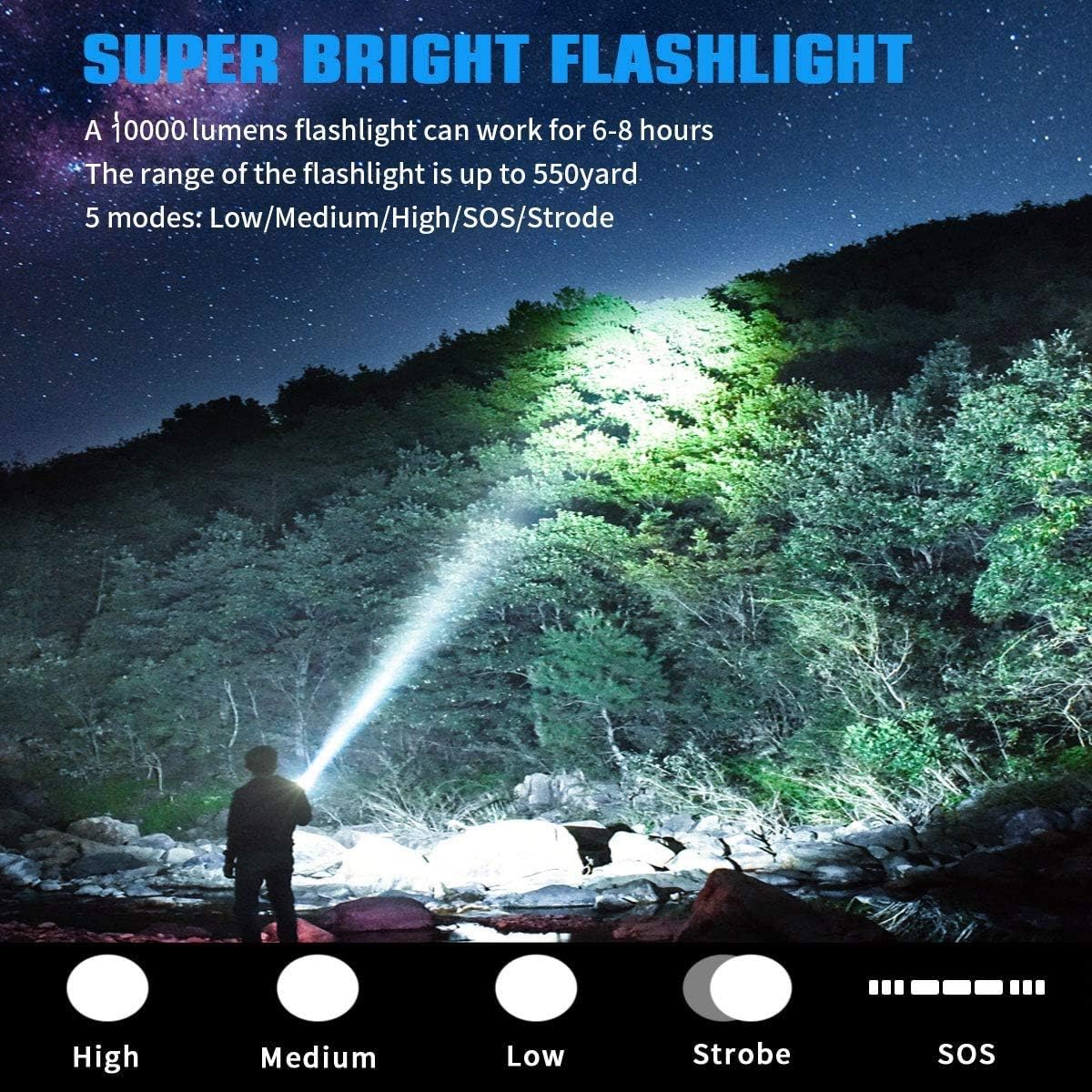 High Power XHP90 LED Flashlight 30000 Lumens Ultra Bright XHP90 LED Handheld Flashlight USB Type-C Rechargeable Torch Adjustable Zoomable Waterproof