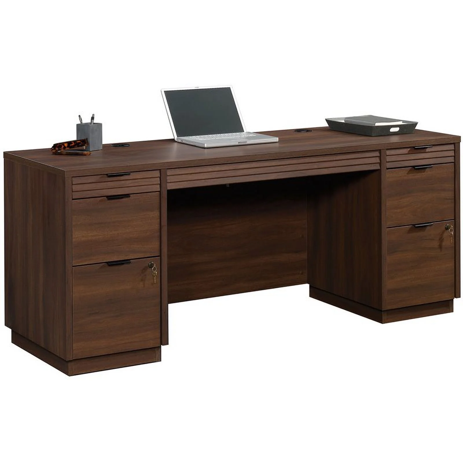 Pemberly Row 72" Wooden Knee Space Computer Credenza Desk in Spiced Mahogany