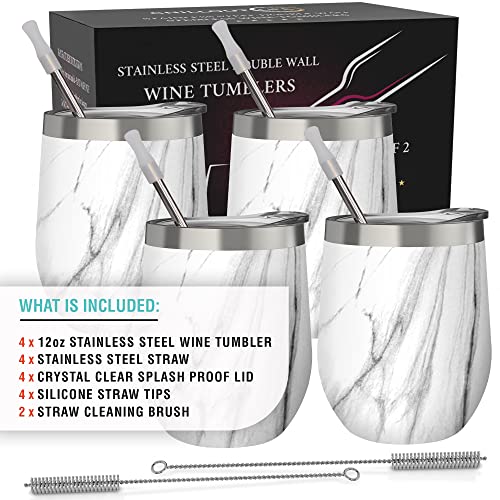 CHILLOUT LIFE Stainless Steel Wine Tumblers 4 Pack 12 oz - Double Wall Vacuum Insulated Wine Cups with Lids and Straws Set for Coffee, Wine