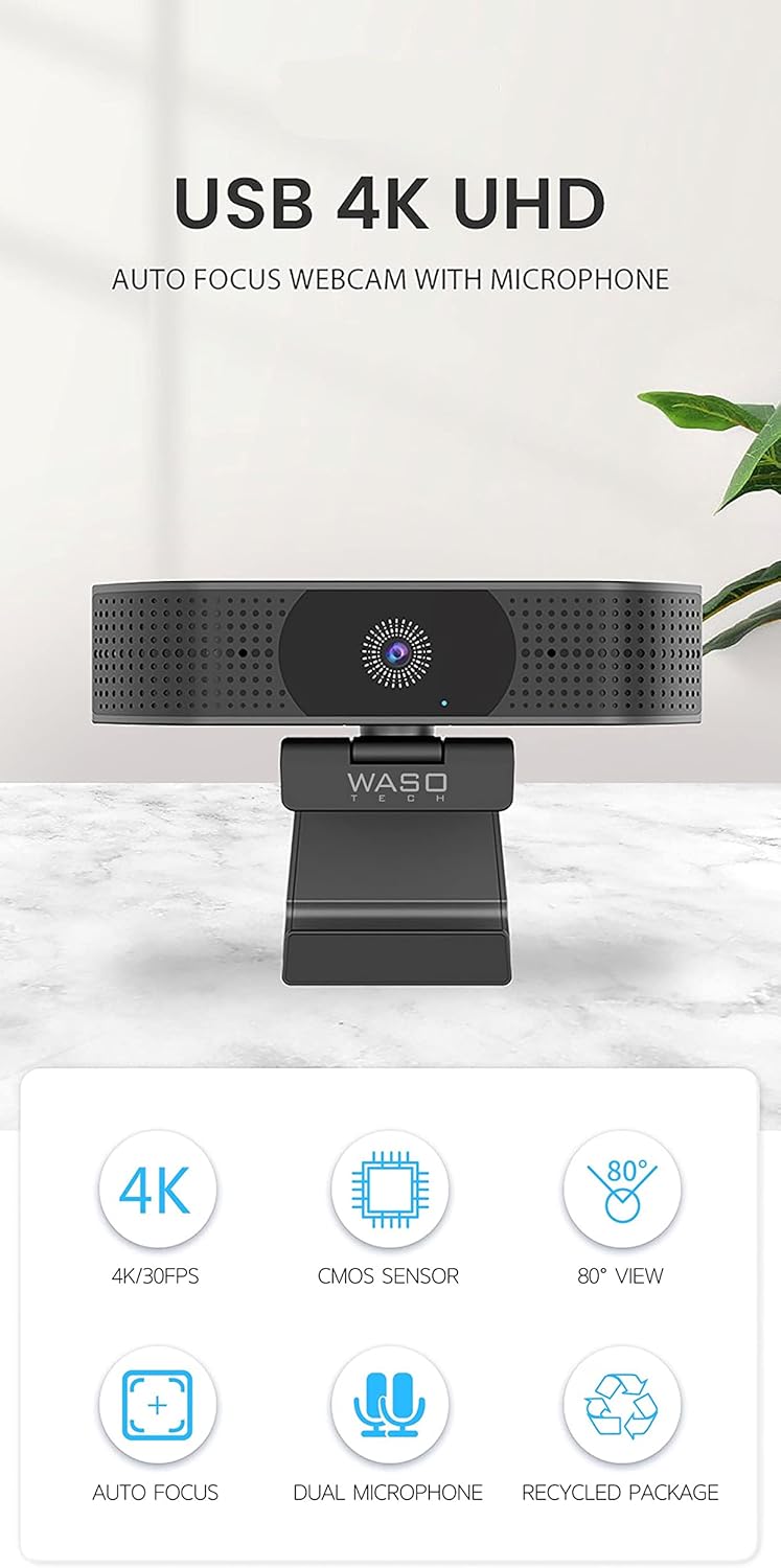 Webcam 4K, Computer Streaming Camera, Webcam with Microphone, 8MP 30fps Ultra HD, Auto Focus, USB, WC-380, for Desktop/Laptop, PC/Mac, Conferencing