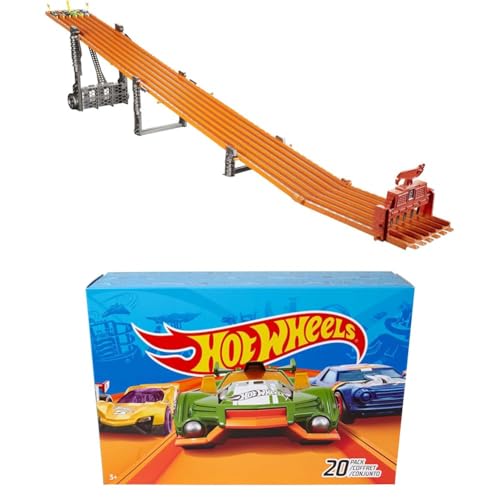 Hot Wheels Toy Car Playset with Lights, Sounds & 6 1:64 Scale Vehicles, Super 6-Lane Raceway, 8-foot Track that Rolls Up for Storage