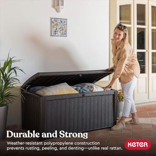 Keter Outdoor Storage Deck Box, for Patio, Backyard & Garden, Borneo, 110 Gallon, Brown - Lockable, Organizing, and Waterproof Plastic Container Bench