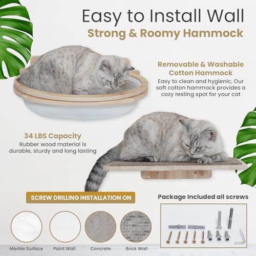 Cat Wall Shelves & Furniture Set (9 Pieces)-Durable Rubber Wood & Non-Slip Carpet, Includes Washable Hammock, Shelf, Climbing Scratcher, Ladder