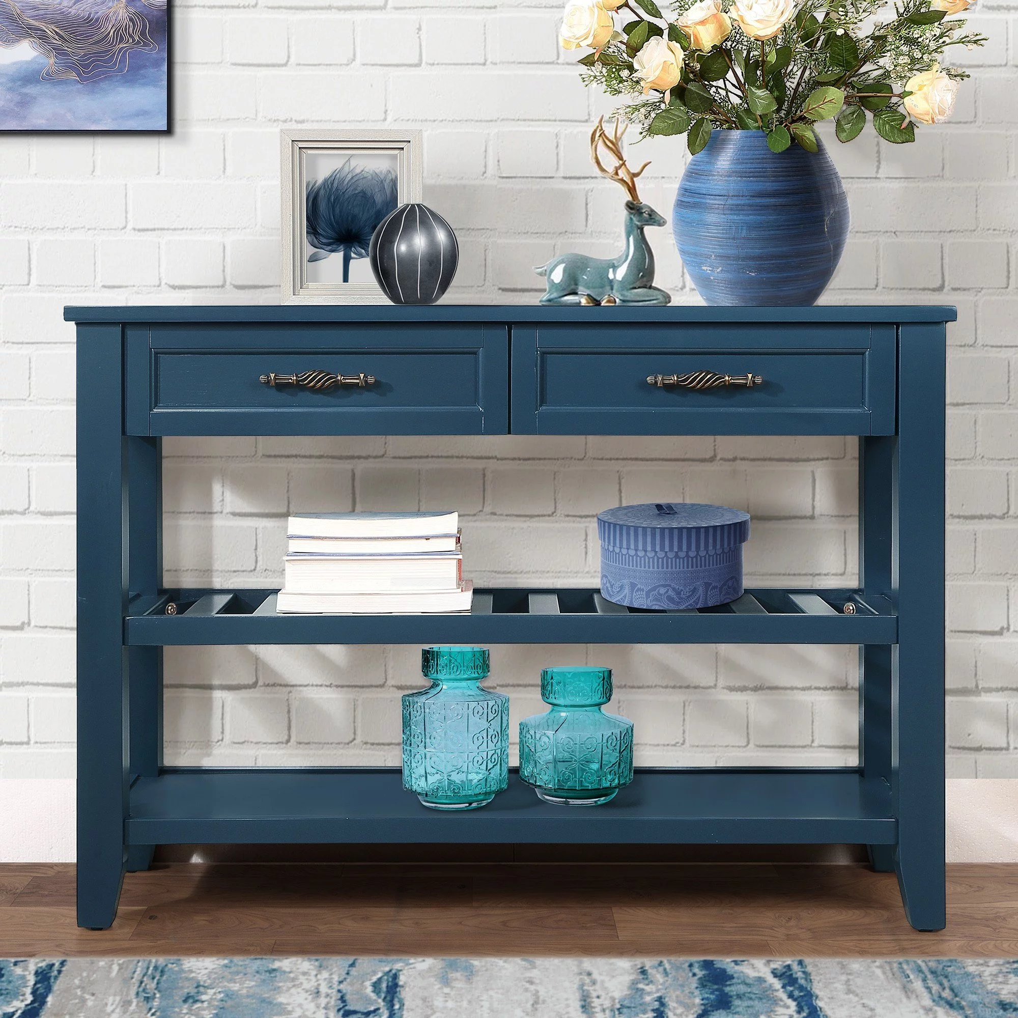 Console Sofa Table with 2 Storage Drawers and 2 Tiers Shelves