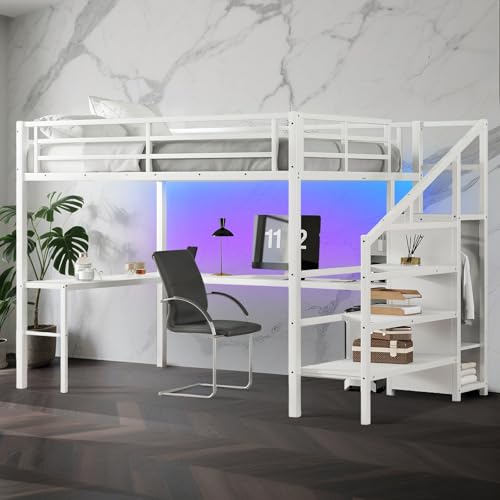 Full Size Metal Loft Bed Heavy-Duty Loft Bed Frame, LED Loft Bed Frame with L Shaped Desk, Wardrobe, Storage Stairs