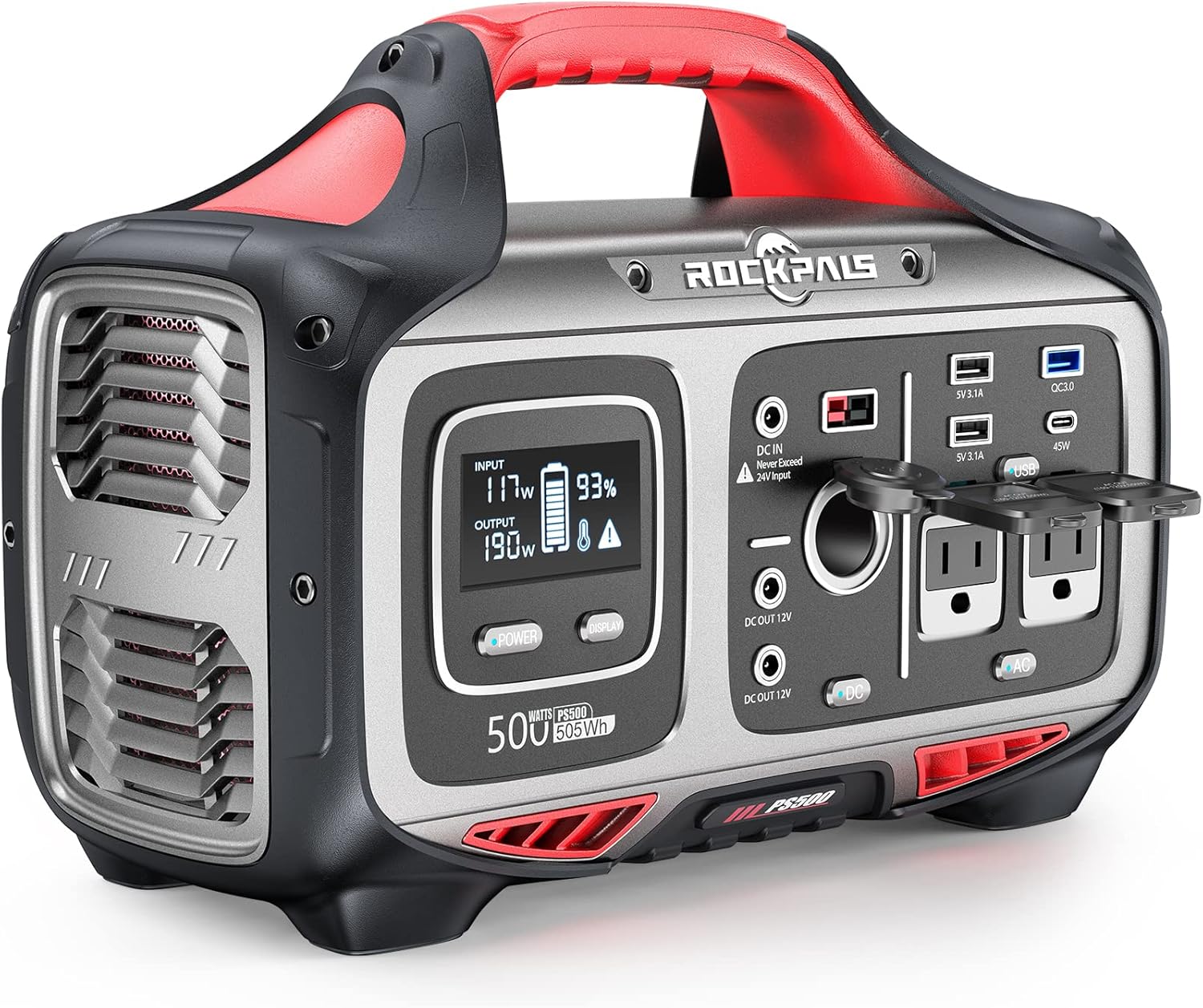 ROCKPALS Portable Power Station 500W - 505Wh Solar Generator with 2 Pure Sine Wave AC Outlet, Peak 750W - Solar Powered Generator