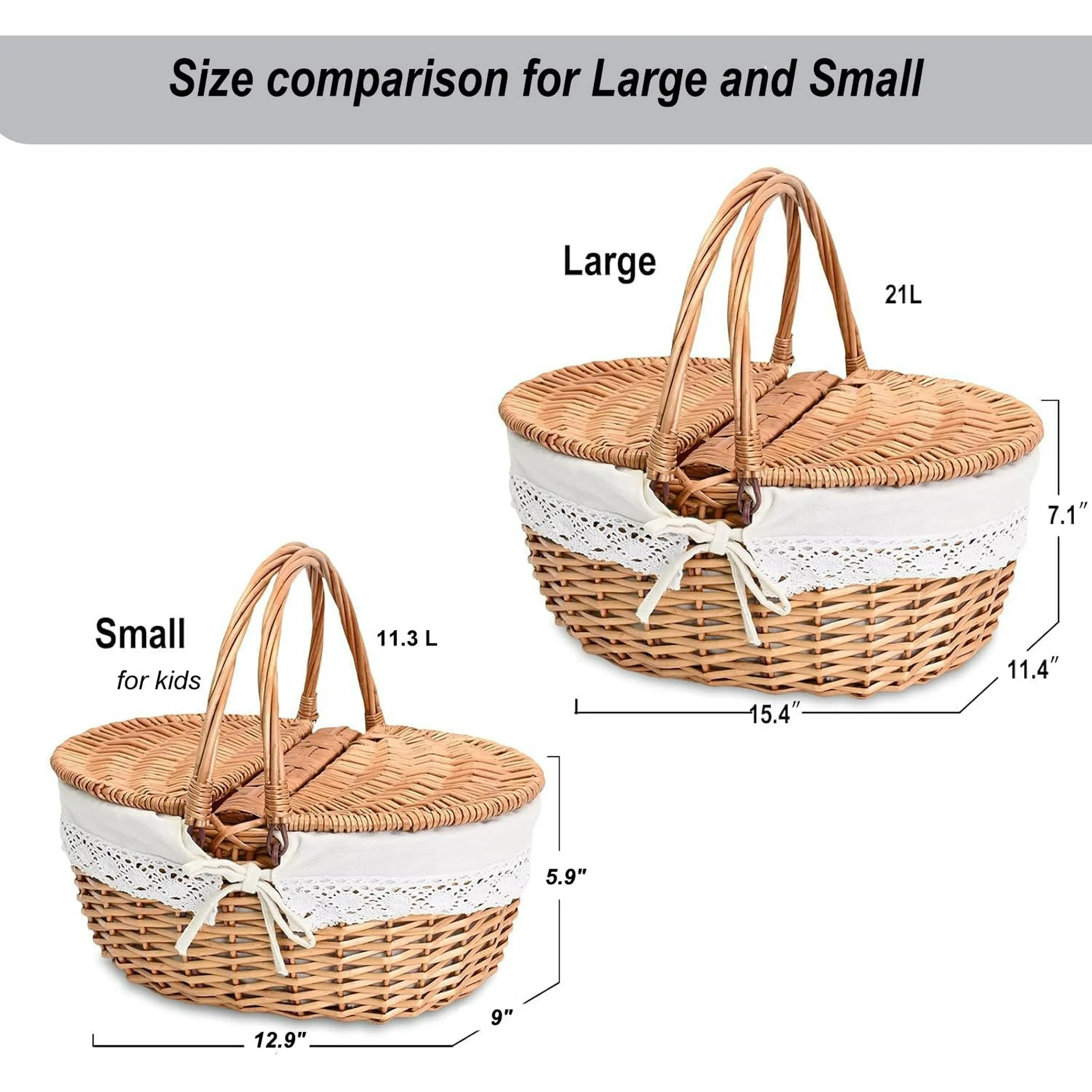 Wicker Picnic Basket with Removable Liner Empty Picnic Baskets with Lid, Picnic Hamper with Foldable Handles for Picnic 2, Natural Color, Large