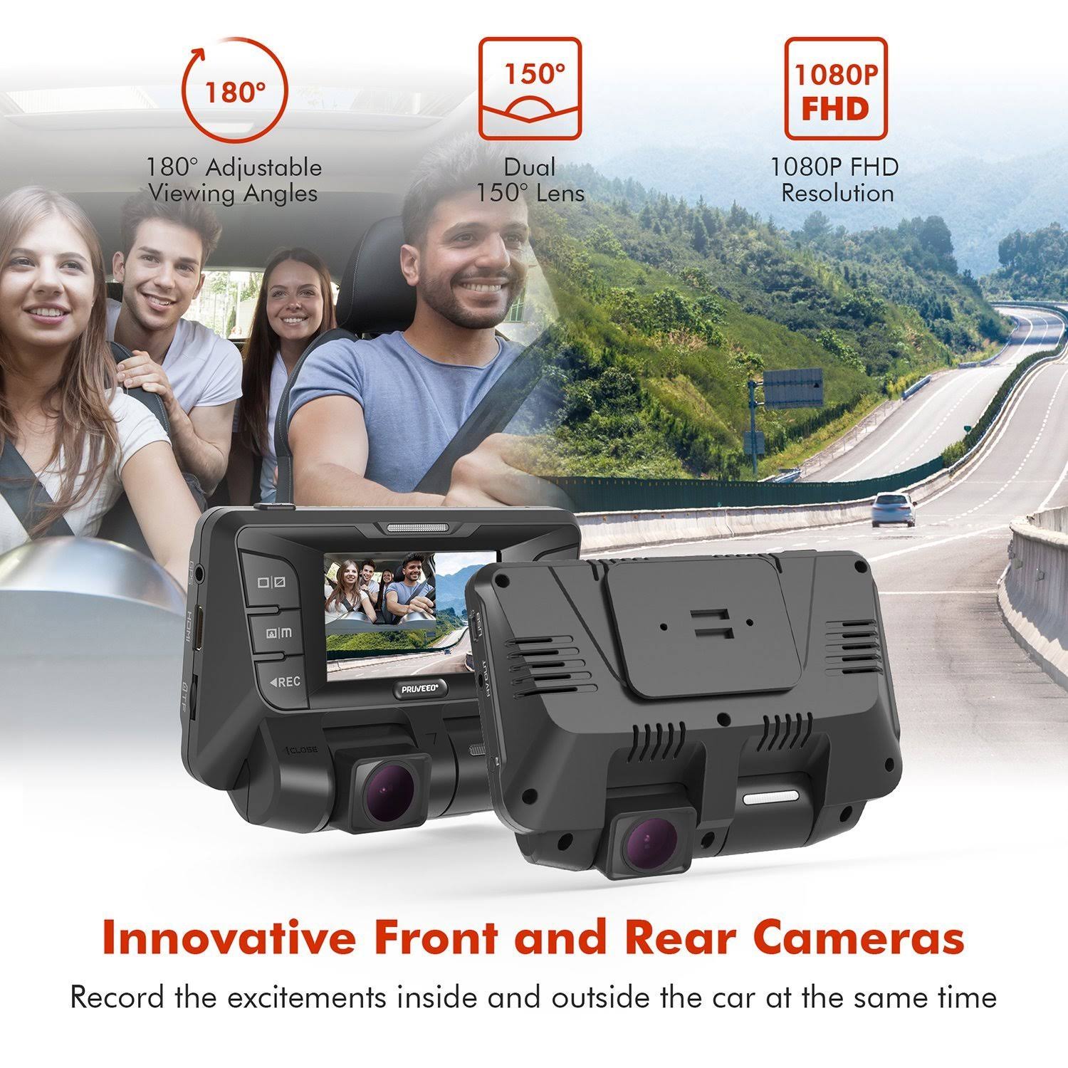 pruveeo C2 Dash Cam with Infrared Night Vision, Dual 1080p Front and