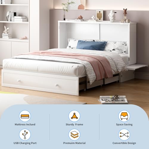 PUREMIND Murphy Bed Cabinet with Mattress Included, Queen Murphy Chest Beds with 2 Storage Drawers, Hideaway Cabinet Bed with USB Charging Station