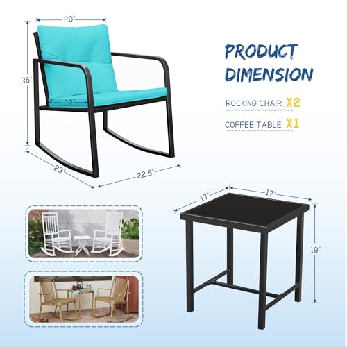 Greesum 3 Pieces Rocking Wicker Bistro Set, Patio Outdoor Furniture Conversation Sets with Porch Chairs and Glass Coffee Table, Beige