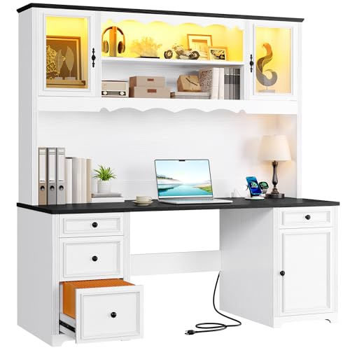 YITAHOME Executive Desk with Hutch and Drawers, Farmhouse Wood Computer Desk with Power Outlet & LED Lights, Home Office Desks with Storage Shelves