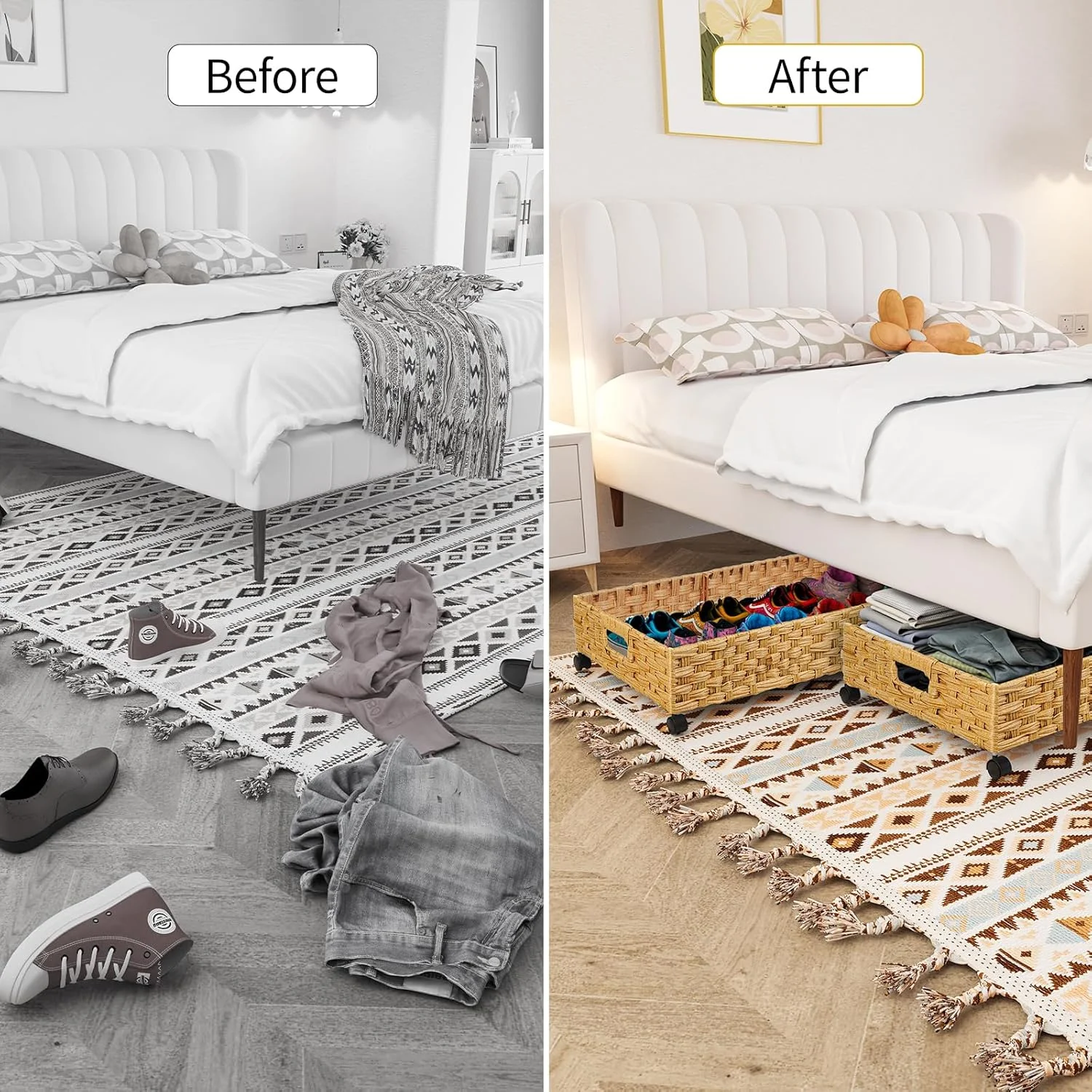 Under Bed Storage Containers with Wheels, 2 Pack 31.5in / 35L Handmade Rattan Underbed Organizer Drawer
