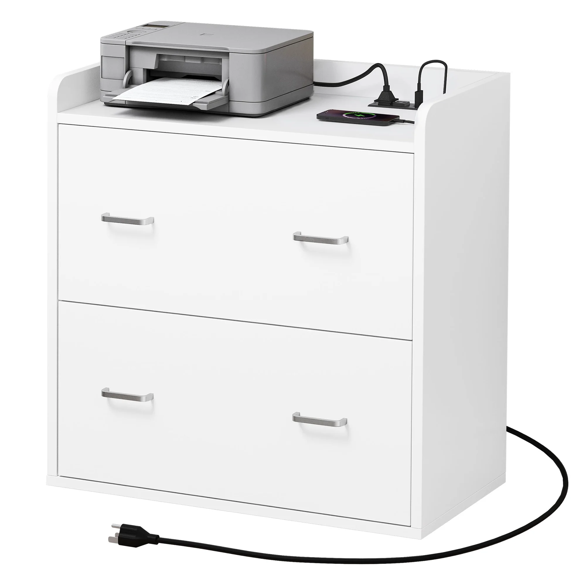 ModFusion 2-Drawer, 4-Metal Drawer Handle A4 Legal Letter Files Organizer Wood Cabinet with Charging Hub Station, White - Curated Treasures Market