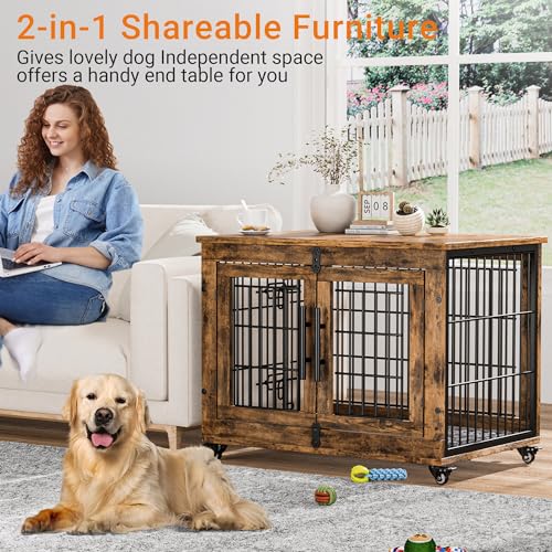 Lulive Dog Crate Furniture for Medium Dogs, 32'' Dog Kennel Indoor with Cushion & Wheels Wooden Dog Cage Double Doors Dog Crate End Table, Grey