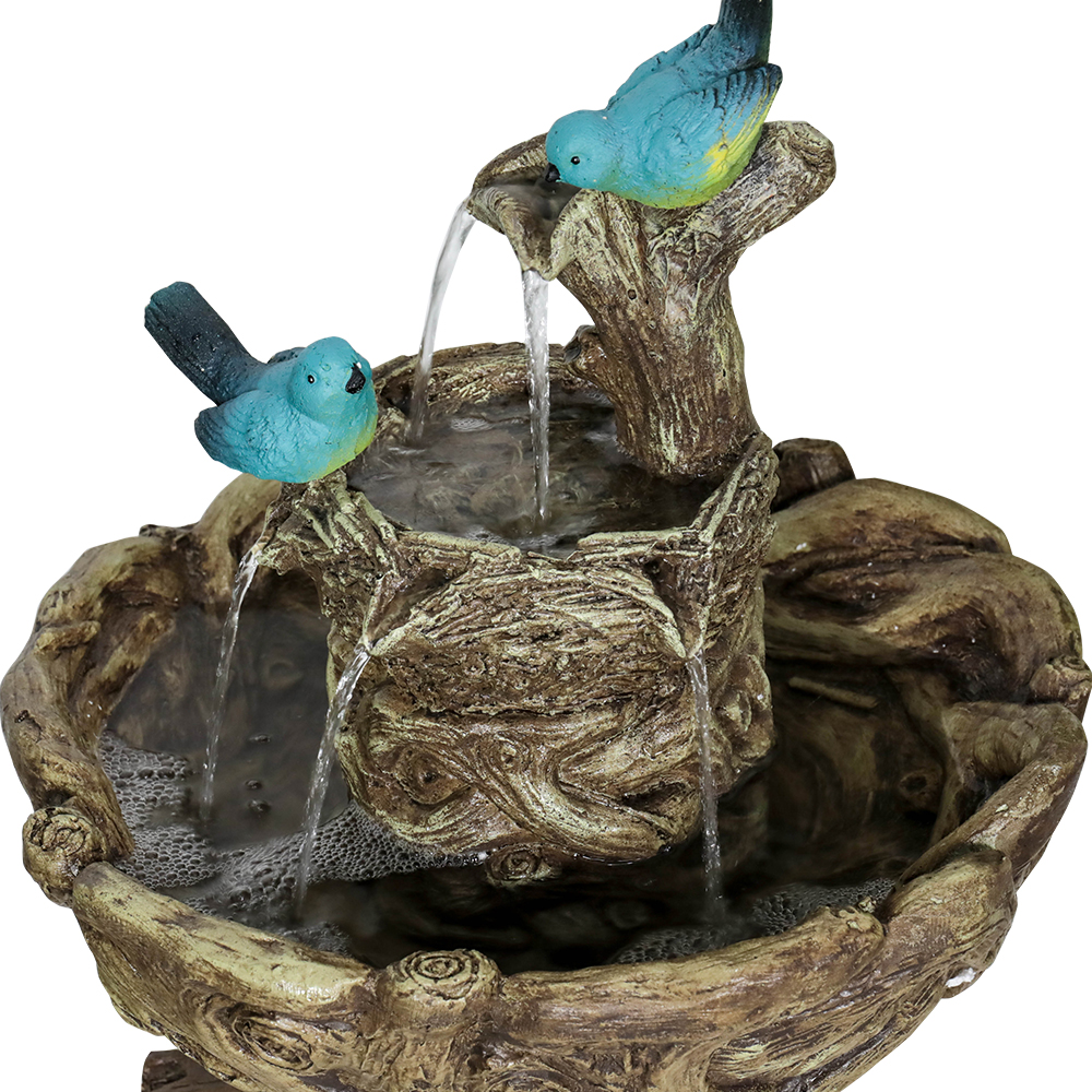 3-Tier Outdoor Water Fountain Bird Bath Patio Fountain Outdoor Stump Like Waterfall Fountain with Birds Decor Freestanding Patio Water Fountain Pump